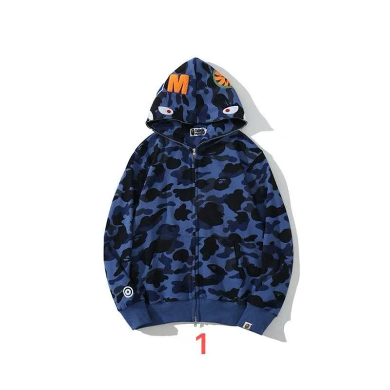 BEI 144 Cross-border camouflage trendy brand A Bathing Ape (BAPE) style shark 3D printed zip-up hooded sweatshirt for men and women