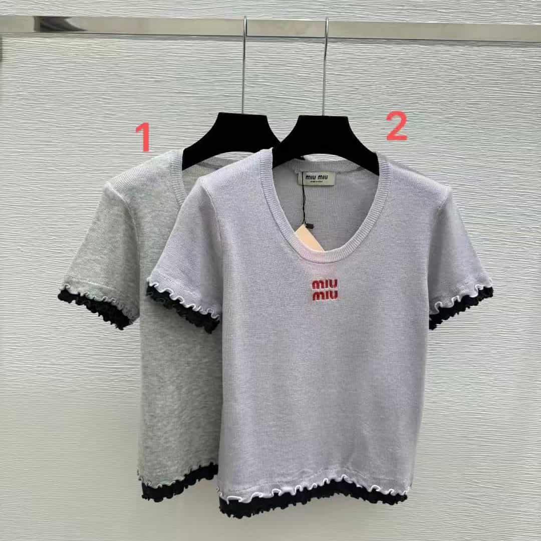 BEI 168  Miu MiuEarly Spring New Arrival Color-Blocked Ruffled Crew Neck Knit Short-Sleeve Top