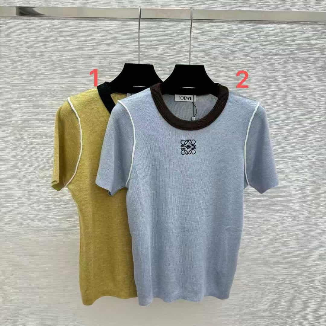 BEI 169  Loewe  Early Spring Color-Blocked Minimalist Crew Neck Knit Short Sleeve