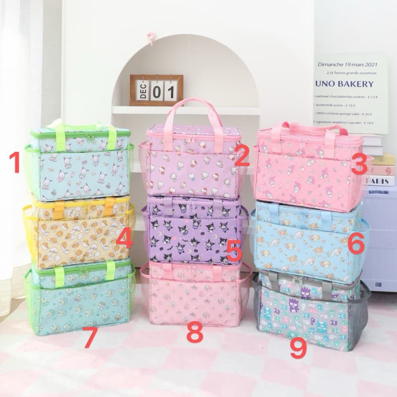 SR048 Sanrio Square Flip‑Top Zipper Insulated Picnic Tote Bag with Side Mesh Pocket